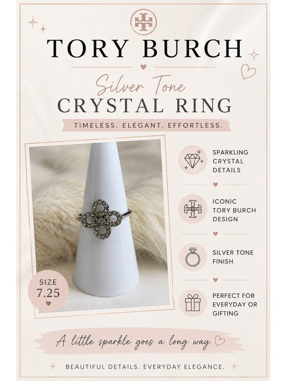Tory Burch Silver Tone Crystal Ring Size 7.25